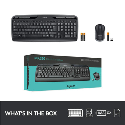 Logitech MK330 Wireless Keyboard and Mouse Combo for Windows, 2.4 GHz Wireless with USB-Receiver, Portable Mouse, Multimedia Keys, Long Battery Life, PC/Laptop, QWERTY UK Layout - Black