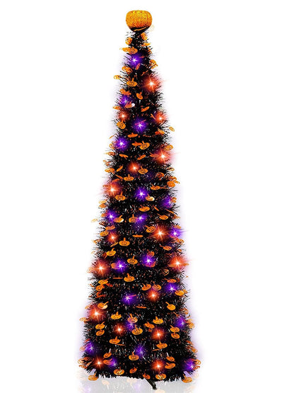 TURNMEON 5Ft Black Tinsel Halloween Tree with 50LED Orange Purple Lights Timer 8 Modes Pumpkin Ornament Pop Up Artificial Pencil Tree Halloween Decorations Home Party Indoor Outdoor