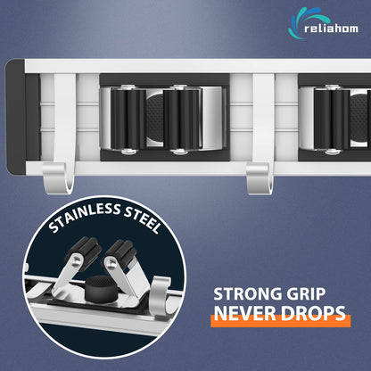 reliahom Broom Holder Wall Mount Mop and Broom Hanger Wall Mounted Garage Storage Rack Kitchen Garden Tool Organizer (4 Racks with 5 Hooks, Silver)