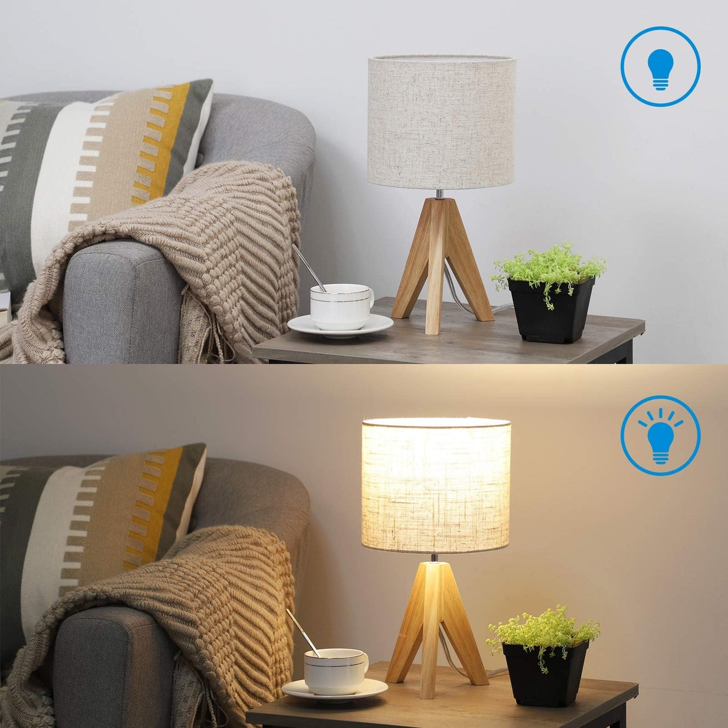 EDISHINE 36cm Wood Bedside Table Lamp, Tripod Desk Lamp with Beige Linen Lampshade, On-Off Switch, Desk Lamps for Reading, Bedroom, Living Room, Study, Office, E27 Base