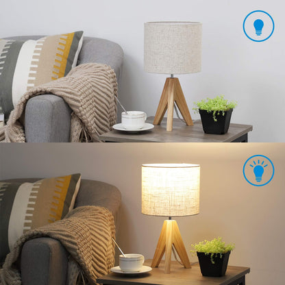 EDISHINE 36cm Wood Bedside Table Lamp, Tripod Desk Lamp with Beige Linen Lampshade, On-Off Switch, Desk Lamps for Reading, Bedroom, Living Room, Study, Office, E27 Base