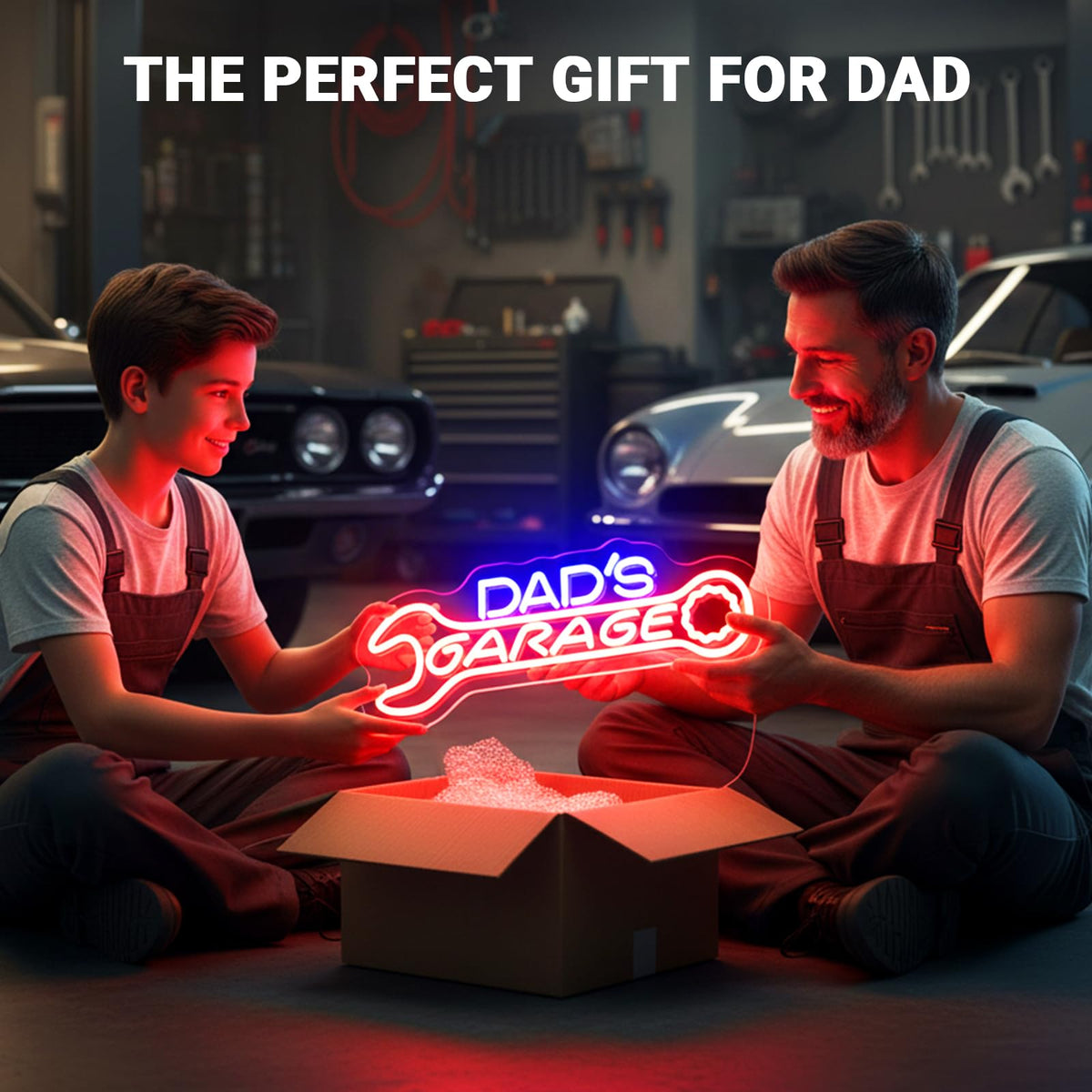 Dad’s Garage Neon Sign, LED Garages Wall Decor for Man Cave Workshop, Gifts for Husband Dad Father Men, Red Blue
