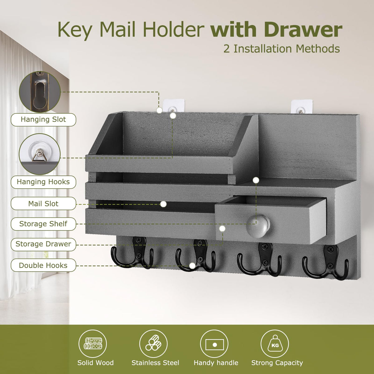 HOMEBROS Key Holder Wall Mount, Wooden Adhesive Mail and Key Organizer with Drawer, Small Shelf, 8 Hooks, 2 Installation Methods, Gray