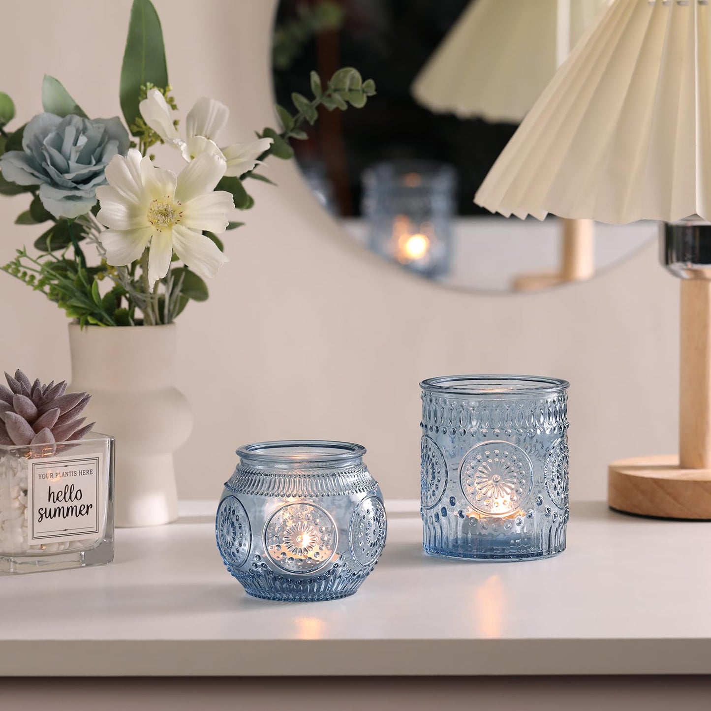 DARJEN Blue Votive Candle Holders- 10Pcs Glass Tealight Candle Holder, Size Upgrade Design for Home Decor, Elegant Candle Holder for Party & Dinner Table Centerpieces, Living Room Decor Gifts