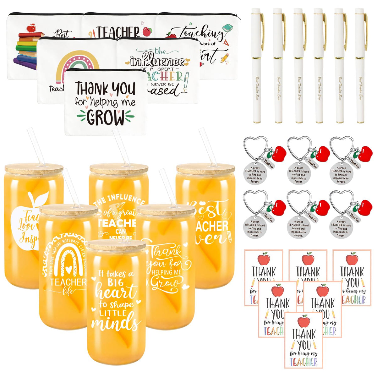 Frerdui 30 Pcs Teacher Appreciation Gift Set - Best Teacher Gifts, Back to School, Thank You Gifts, Retirement Gift for Women, with 16oz Coffee Glass Cup Keychains Zipper Bag Pen Greeting Card