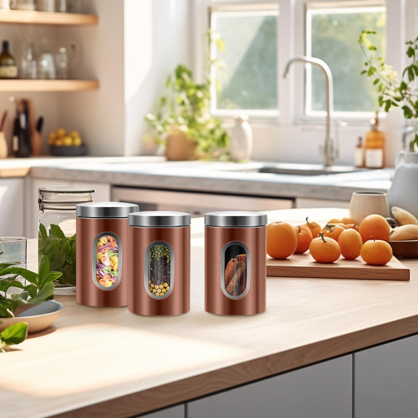 QYQRQF Canisters Sets for the Kitchen, 3pcs Sugar Flour Tea Coffee Storage Jars Stainless Steel Food Container Organizer for Kitchen Counter with Transparent Window (bronzy)