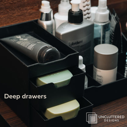 Large Black Cosmetic Organiser - Organiser Box With Drawers for Aftershave, Deodorant, Beard, Shaving Lotion, Perfume & Skincare - Perfect for Mens Bathroom & Bedroom Storage - Uncluttered Designs