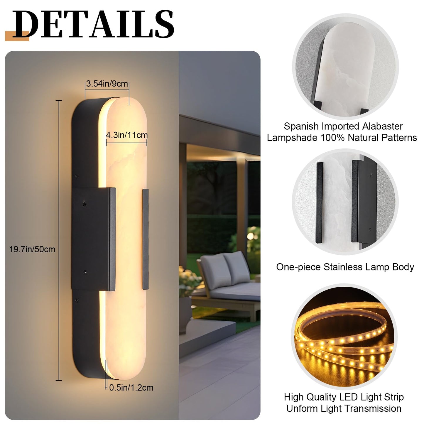 SUCICNISD Alabaster Wall Sconce, 19.7in Natural Marble Black Wall Sconce 3000K IP65 Waterproof Outdoor Modern Bathroom Alabaster Lamp for Living Room, Bedroom, Porch, Dining Room, Stairway
