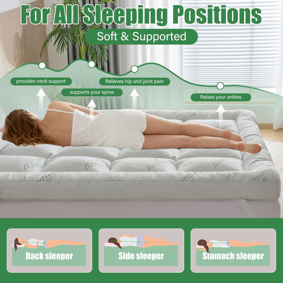WhatsBedding 5 Inch Memory Foam Mattress Topper Queen Size for Back Pain, Cooling Breathable Bamboo Viscose Air Layer, Soft and Thick Supportive Mattress Topper, 4 Stable Anchor Elastic Straps