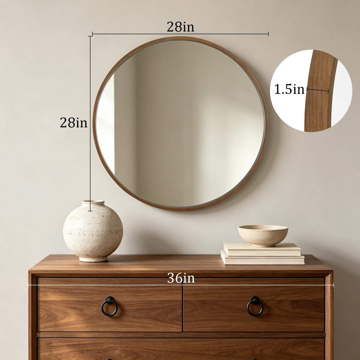 HOMECOOKIN Round Wood Mirror 28 inch Circle Mirror, Rustic Farmhouse Wooden Framed Decorative Wall Decor, Vanity Wall Mirror for Bathroom, Bedroom, Entryway, Living Room (Walnut)