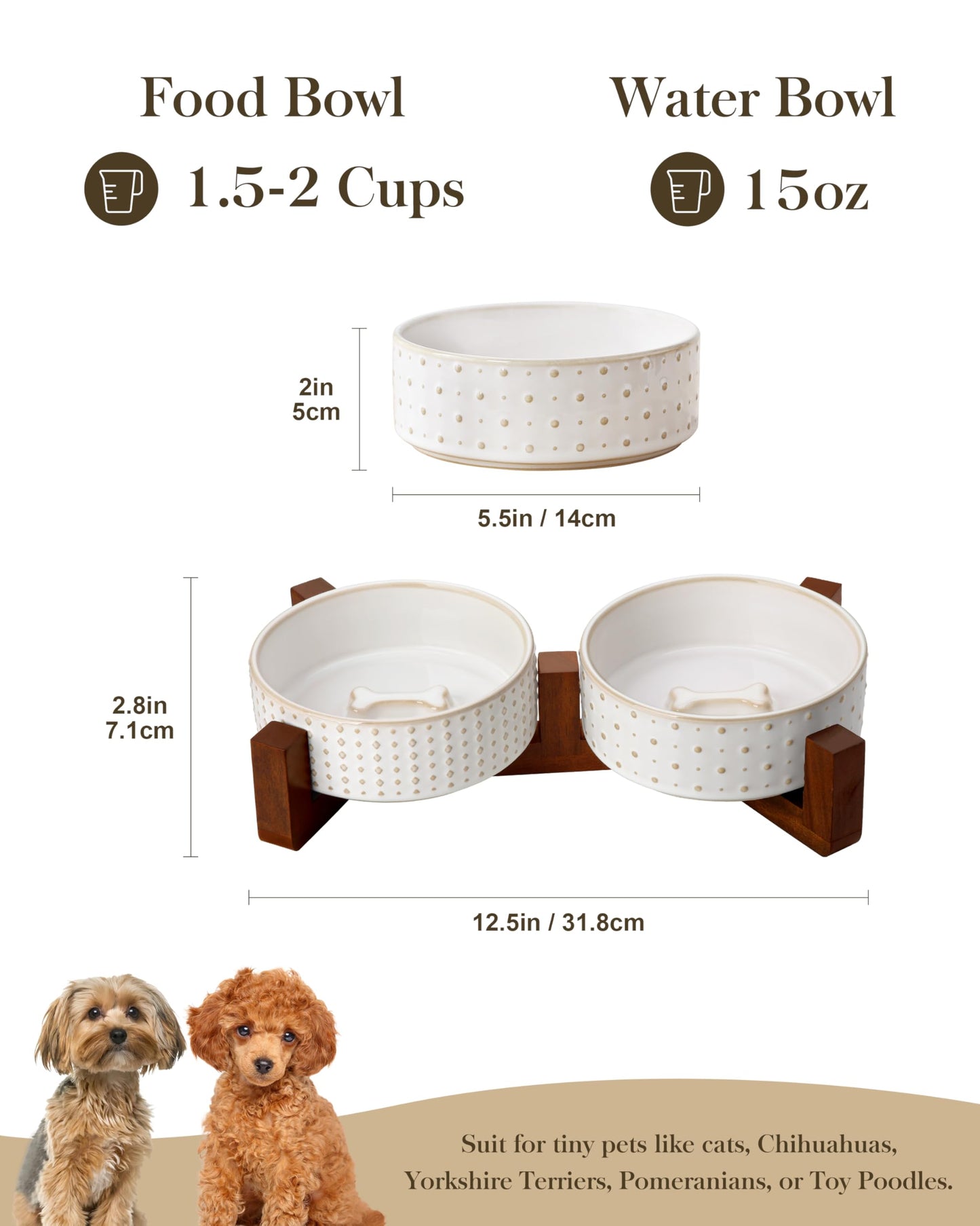 MALACASA Dog Bowl Set with Walnut Wood Stand, 1.5 Cups Ceramic Pet Bowls for Puppy Dogs, Dual Food and Water Bowls with Weighted Non-Slip Base, Basic Bowls for Your Dog or Cat, Rhombic & Polka Dots