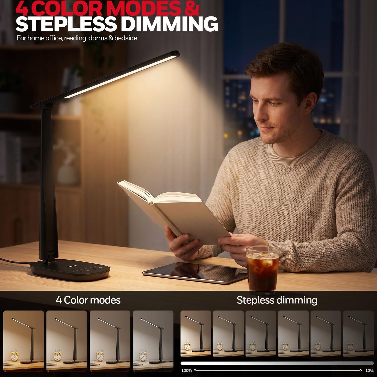 Honeywell LED Desk Lamp for Home Office, Eye-Caring Dimmable Reading Light with 4 Color Modes, Touch Control, USB-A & USB-C Charging Ports, Adjustable Head, Timer for Bedroom & Small Desks