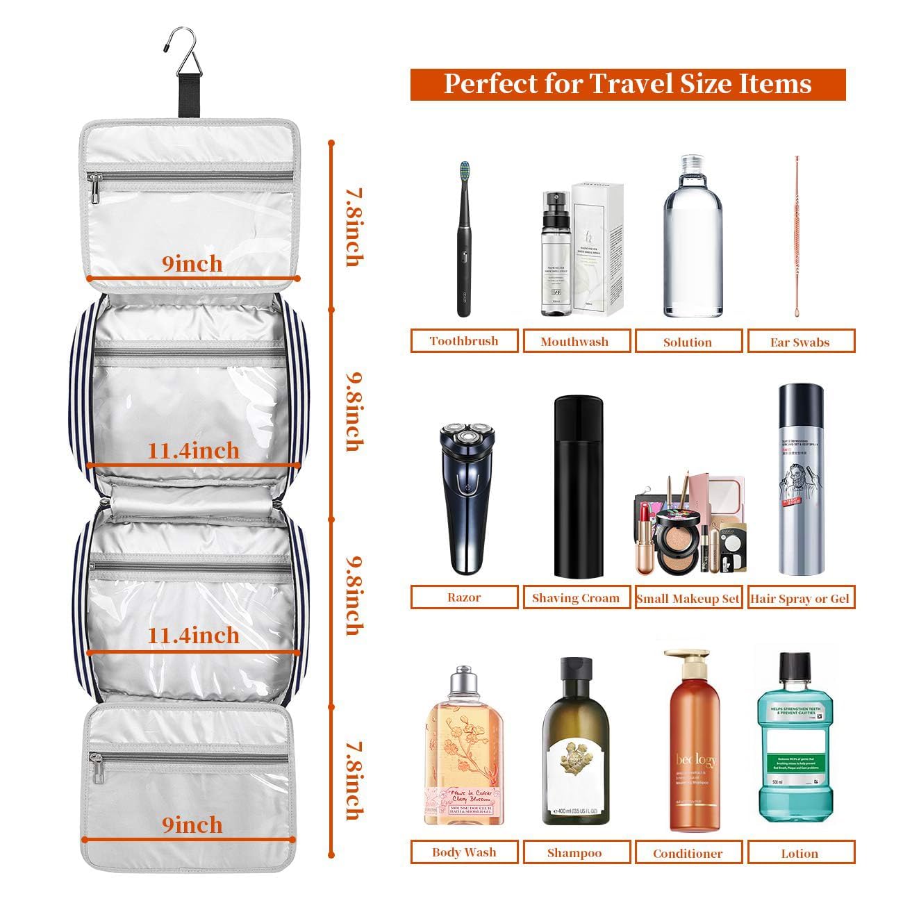 Hanging Travel Toiletry Bag, Large Capacity Wash Bag Waterproof Cosmetic Bag Makeup Organizer with 4 Compartments & 1 Sturdy Hook for Women/Men