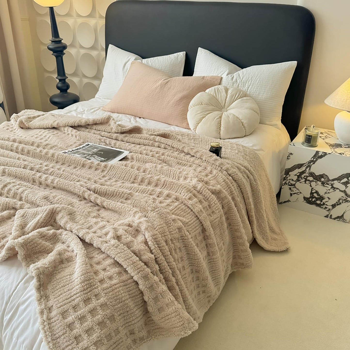Throw Blanket for Couch or Bed，Waffle Weave Jacquard Decorative Blankets - Cozy Soft Lightweight Fuzzy Flannel Blanket(Milk Tea,80x90in)