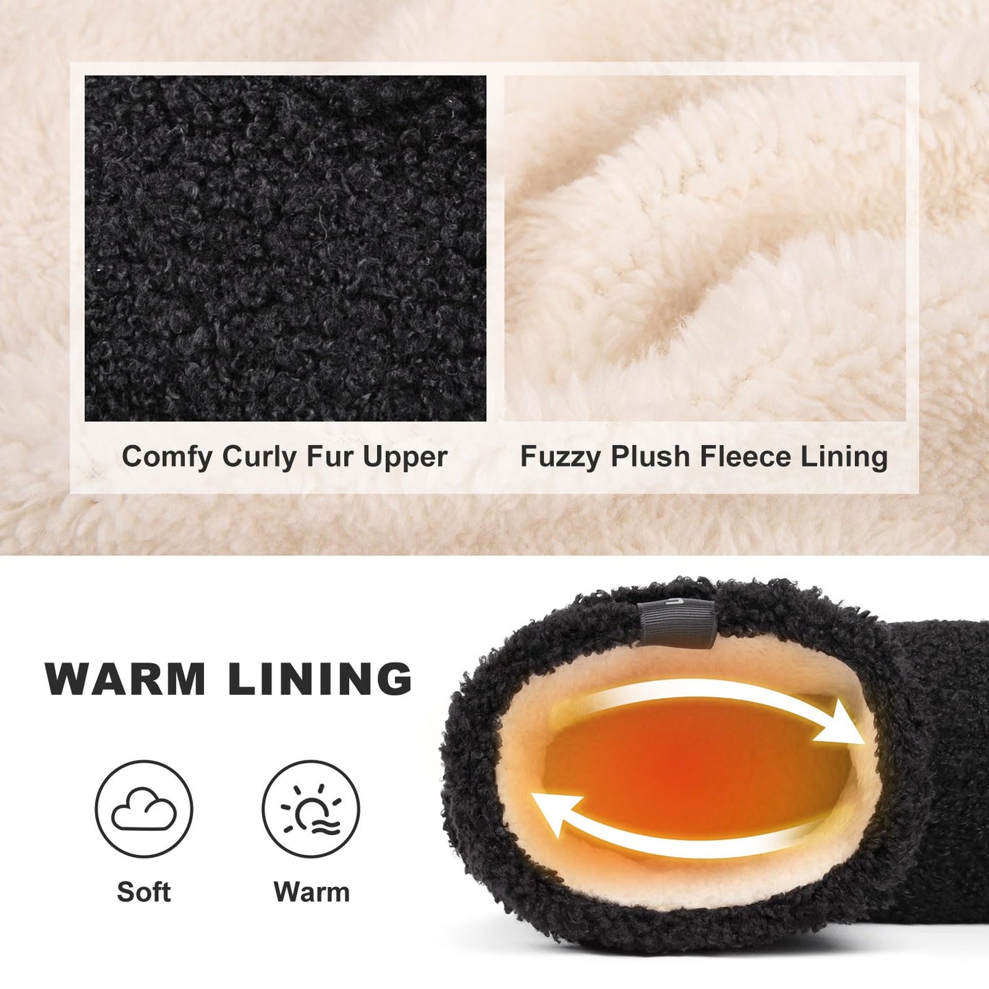 LongBay Women’s Warm Curly Fur Bootie Slippers Comfy Plush Fleece Boots Memory Foam House Shoes (Small / 5-6, Black)