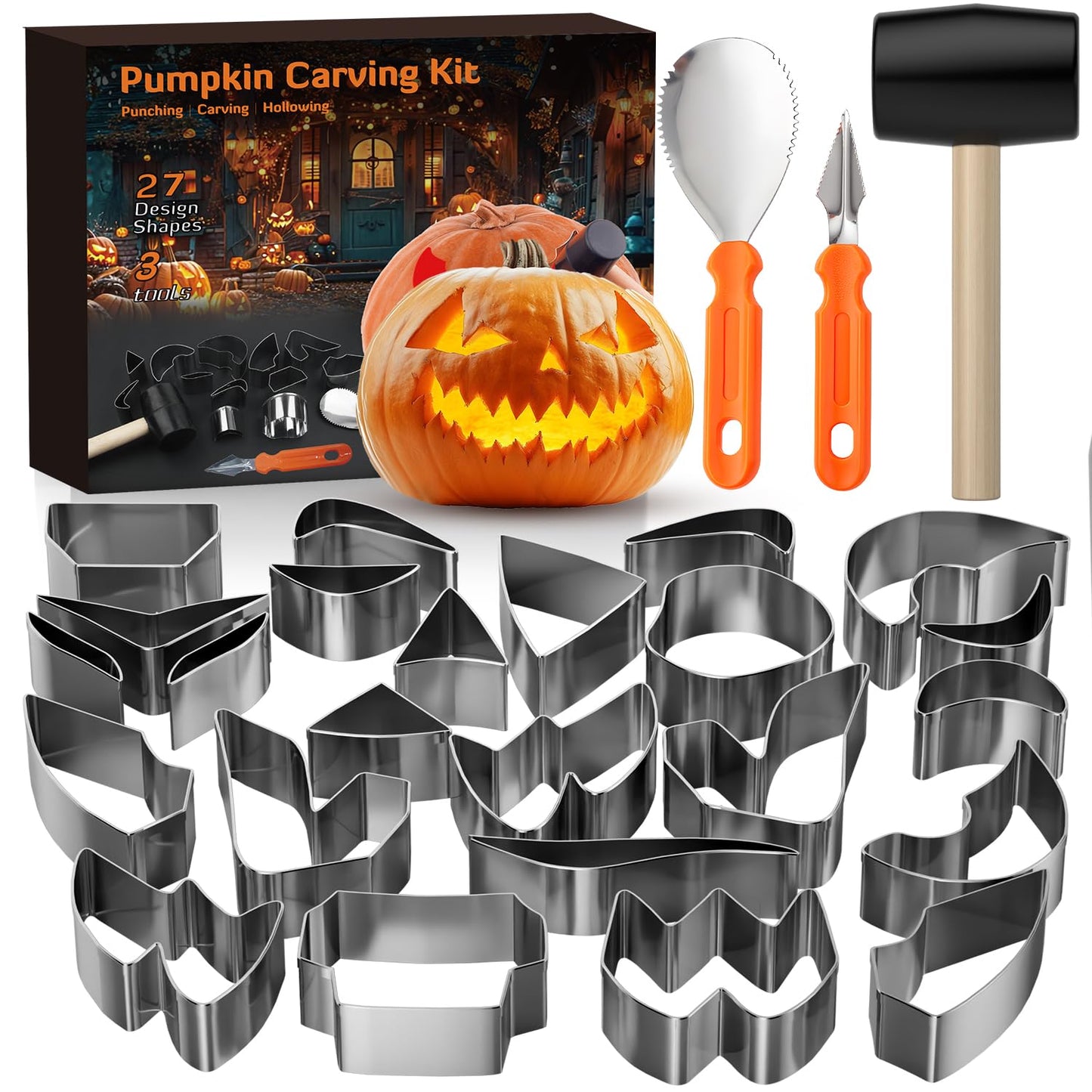 Pumpkin Carving Kit, 27PCS Stainless Steel Tools with 24 Halloween Shape Molds & 3 Carving Tools, Safe DIY Pumpkin Decor for Adults and Kids, Machine Washable