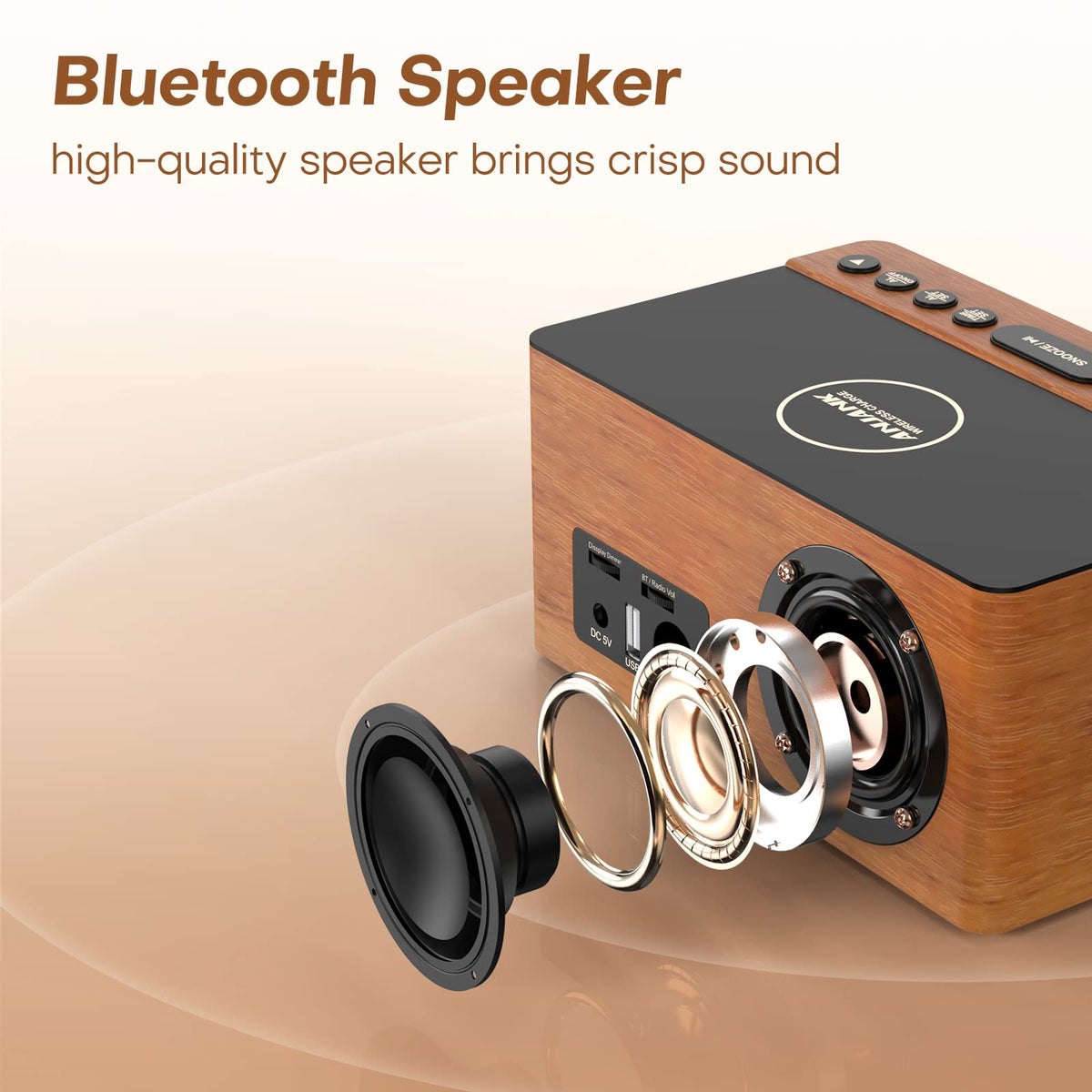 ANJANK Wooden Bluetooth Speaker, Alarm Clock with FM Radio, Qi Certified Fast Wireless Charging Station for iPhone/Samsung, USB Charger Port, Dimmable Display, Digital Wood Clock for Bedroom, Bedside
