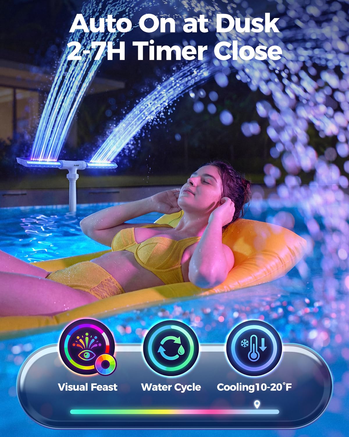 Prapark Solar Pool Fountain with Lights, Dual-Head Adjustable Spray & Timer, Remote Control, Auto Dusk Sensor, 10-Color LED Modes & 15°F Cooling Spray for Above & Inground Pools (White)