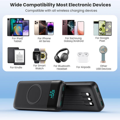 Wireless Portable Charger 40800mAh with 3 Built-in Cables,7-in-1 15W Wireless Charging Power Bank,25W PD QC 4.0 Fast Charging USB C Travel Essentials Battery Pack for iPhone 17/16/15/14,Galaxy,Android