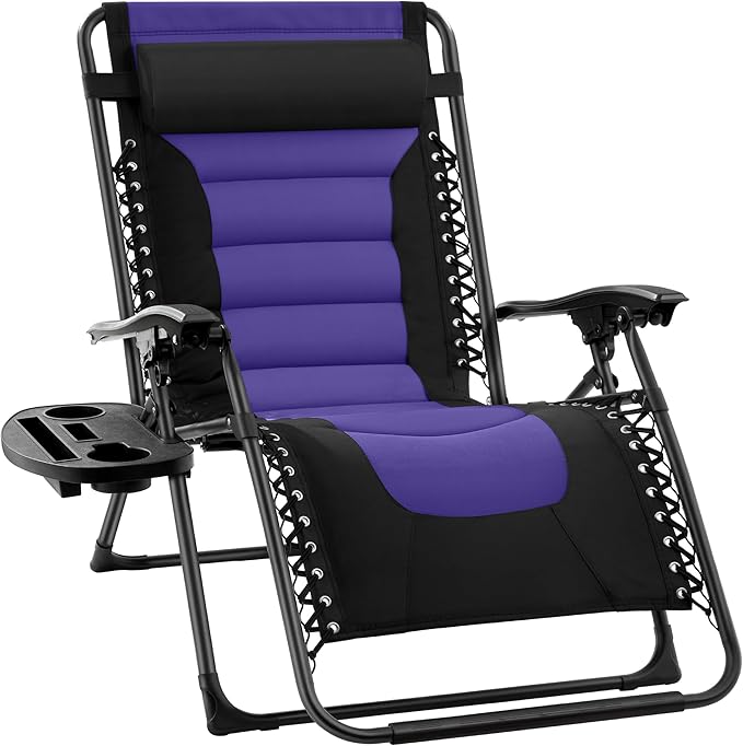 Best Choice Products Oversized Padded Zero Gravity Chair, Folding Outdoor Patio Recliner, XL Anti Gravity Lounger for Backyard w/Headrest, Cup Holder, Side Tray, Polyester Mesh - Black/Purple
