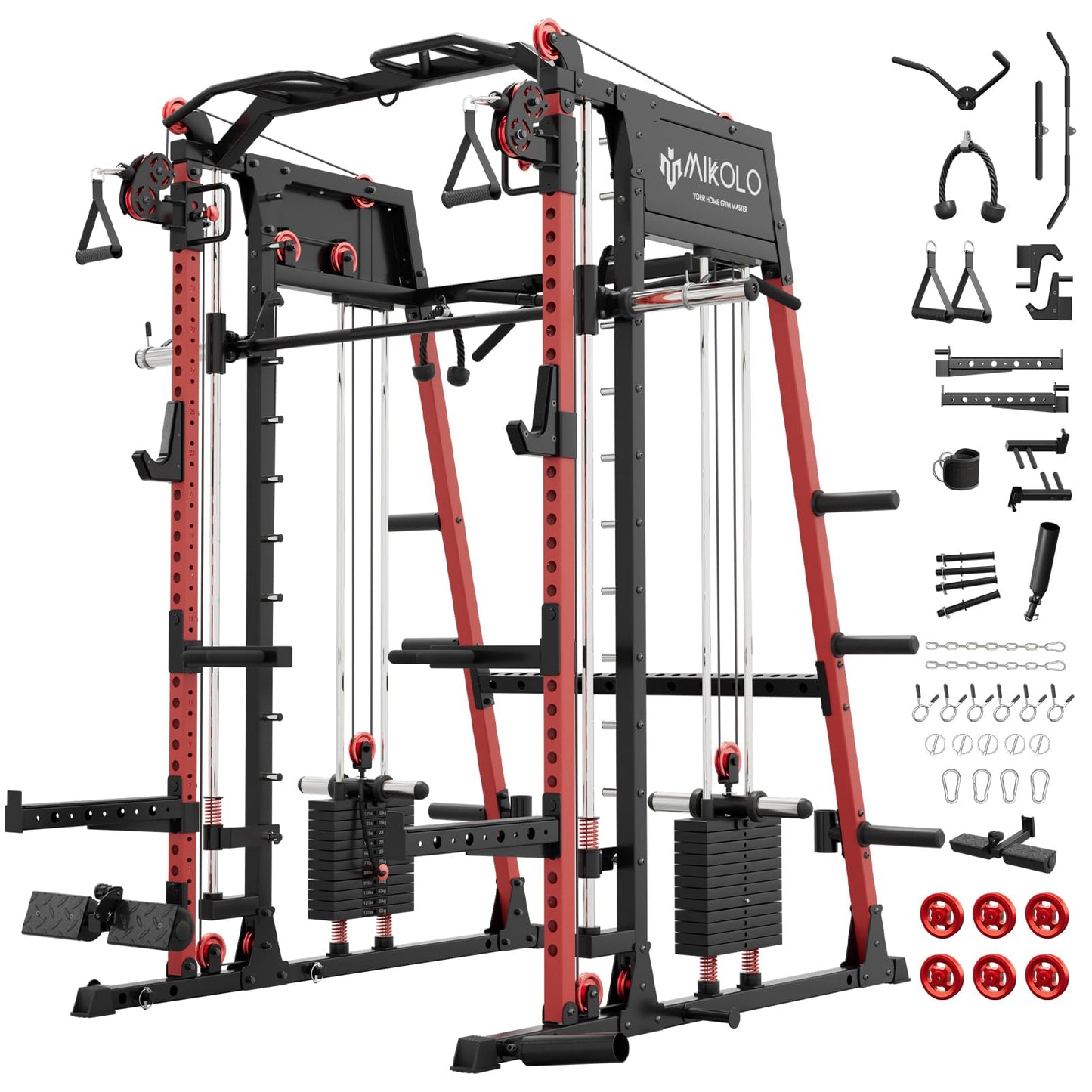 Mikolo Smith Machine with Weight Stack, 2200lbs Squat Rack with LAT-Pull Down System & Cable Crossover Machine, Multi-Function Power Cage, Red