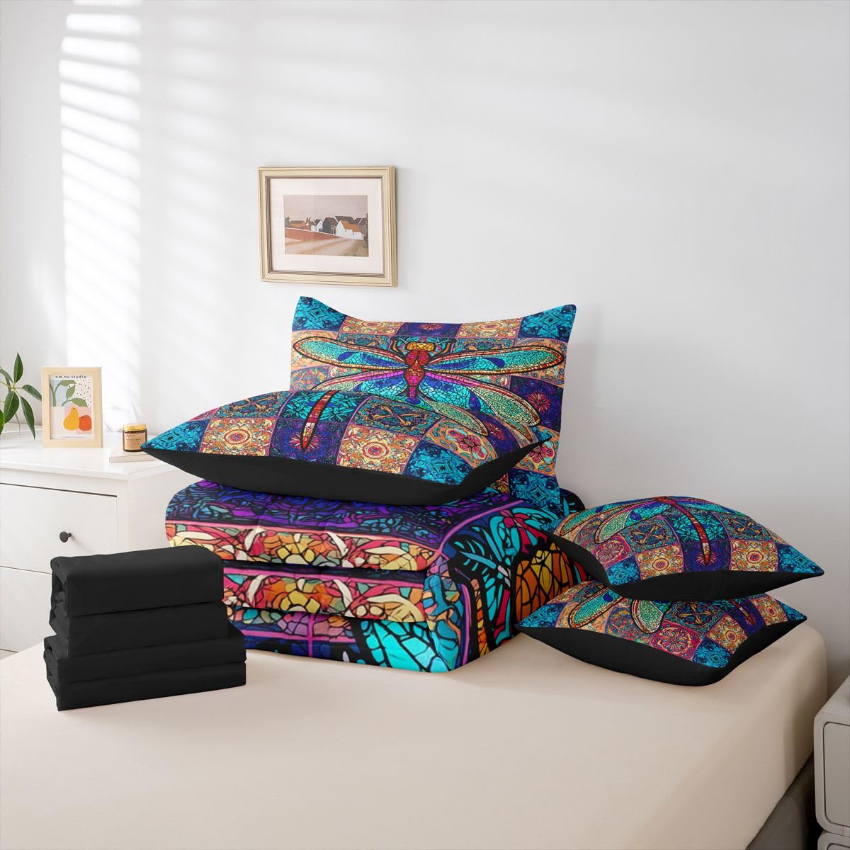 Erosebridal Dragonfly Bed in a Bag Queen Comforter Set 7 Piece | Rainbow Mandala Bedding Sets Exotic Bohemian Flower Comforter and Sheet Set, Colorful Medallion Nordic Damask Bed Sets