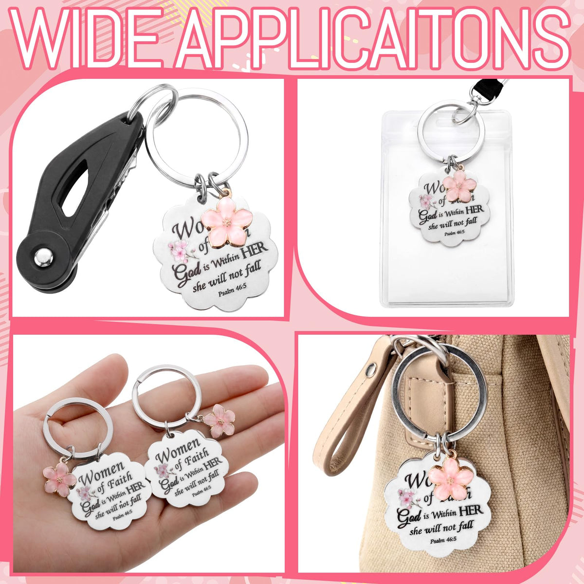 Cunno Christian Gifts for Mother's Day Women Church Religious Keychain Bulk Scalloped with Enamel Sakura Woman of Faith(24 Pcs)