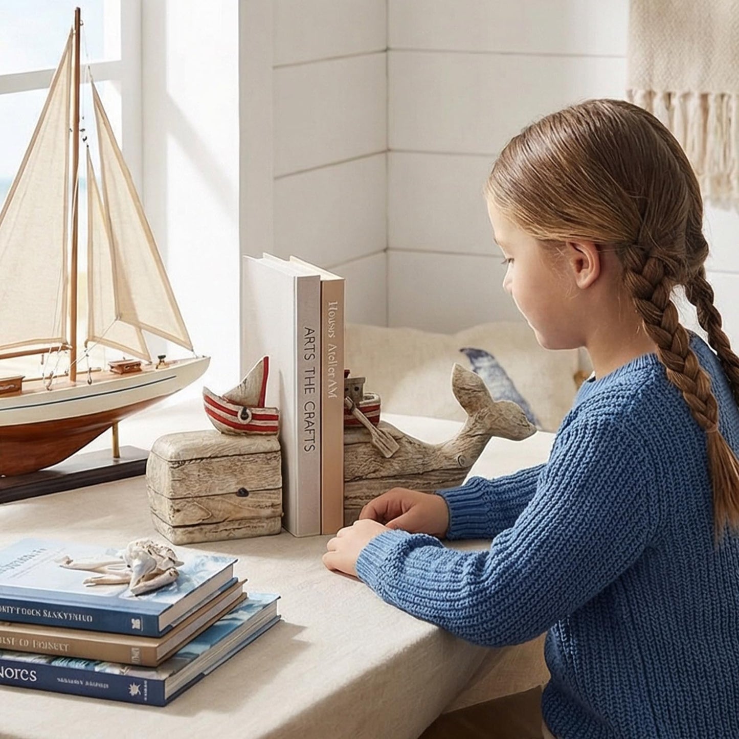 Guichifun Whale Decorative Bookends Book Holder - Distressed Finish Resin Cute Bookend Set with Sailboat Nautical Book Shelf Decor for Living Room Office Home Decoration Gift 11.8 X 3.9 X 6.5 inch