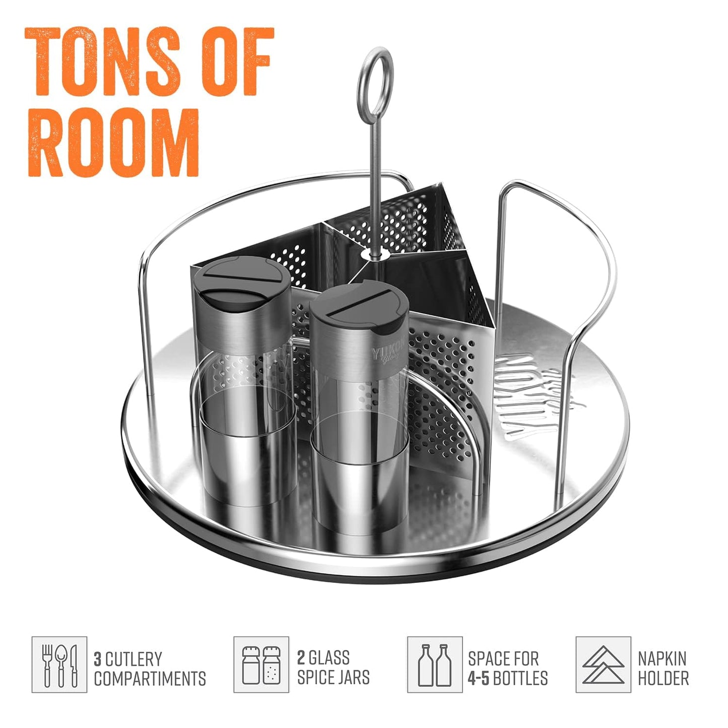 Yukon Glory Rotating Condiment Caddy | Commercial-Grade Stainless Steel | 360-Degree Rotation | 2 Glass Salt & Pepper Shakers | Carry Handle | Patent Pending | Outdoor Grill & Patio