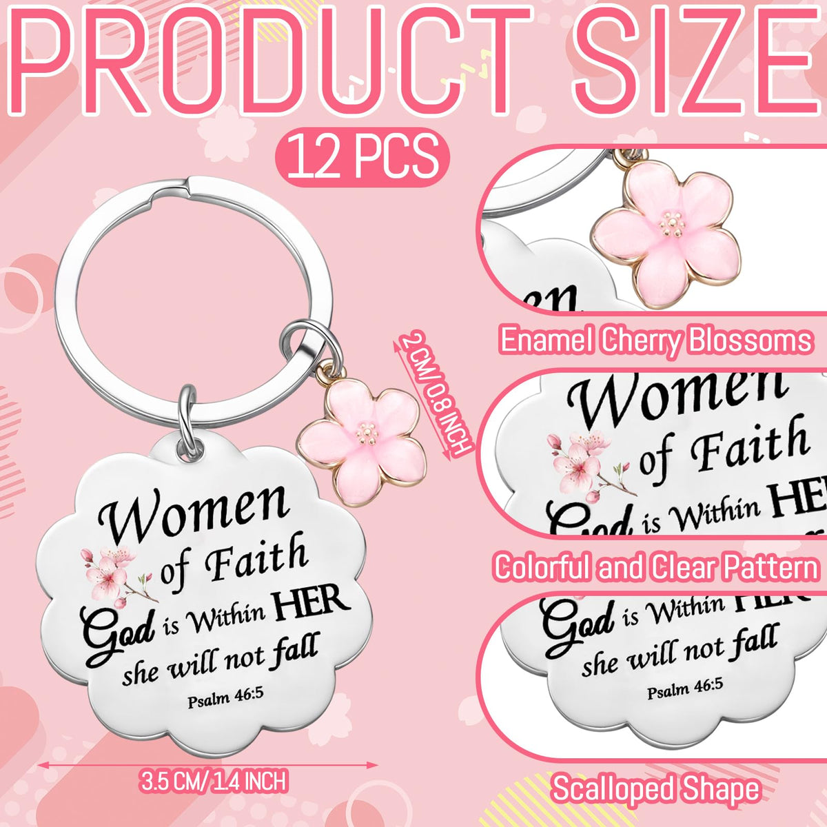Cunno Christian Gifts for Mother's Day Women Church Religious Keychain Bulk Scalloped with Enamel Sakura Woman of Faith(24 Pcs)