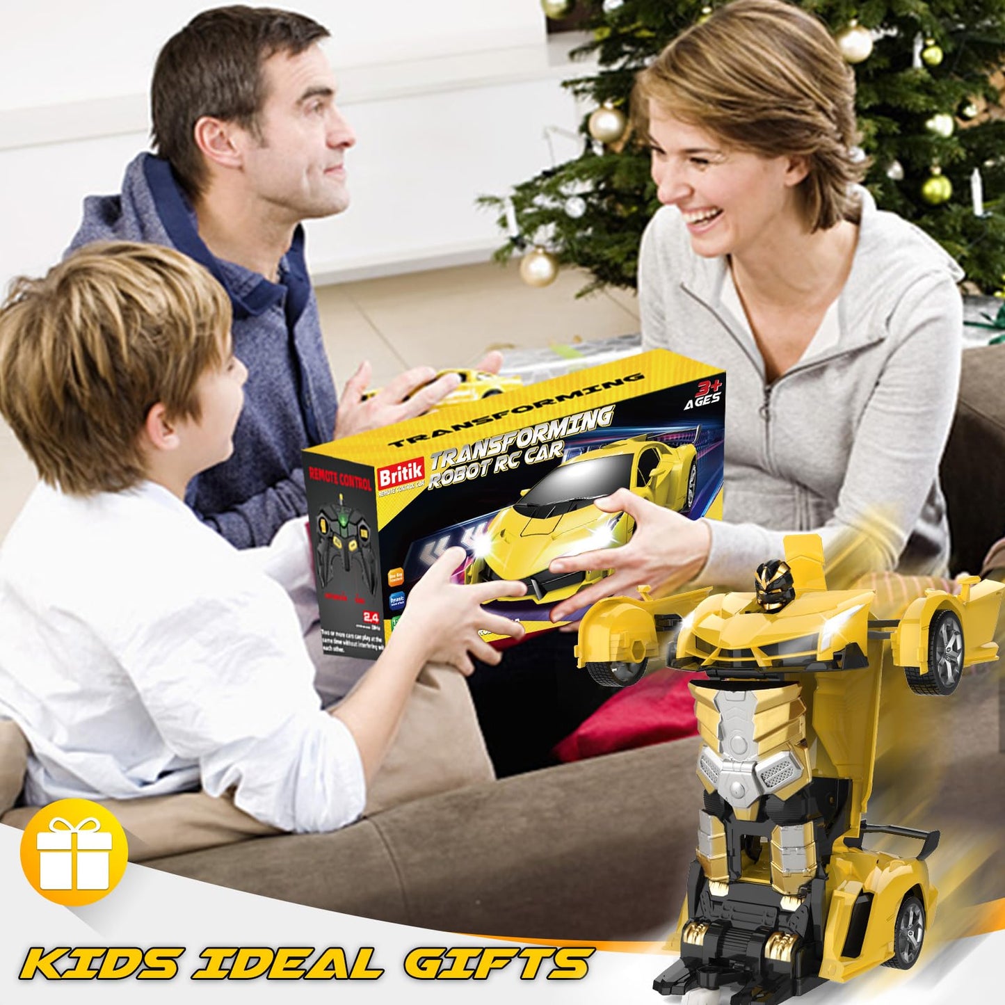 Britik Toys for Kids 3-8 Year Old: Transforming Remote Control Car Toys Gifts for Boys Age 3 4 5 6 7 8 Birthday Presents Toy for Toddler Transformable 2 in 1 Robot RC Car Toy 360° Rotating-Yellow