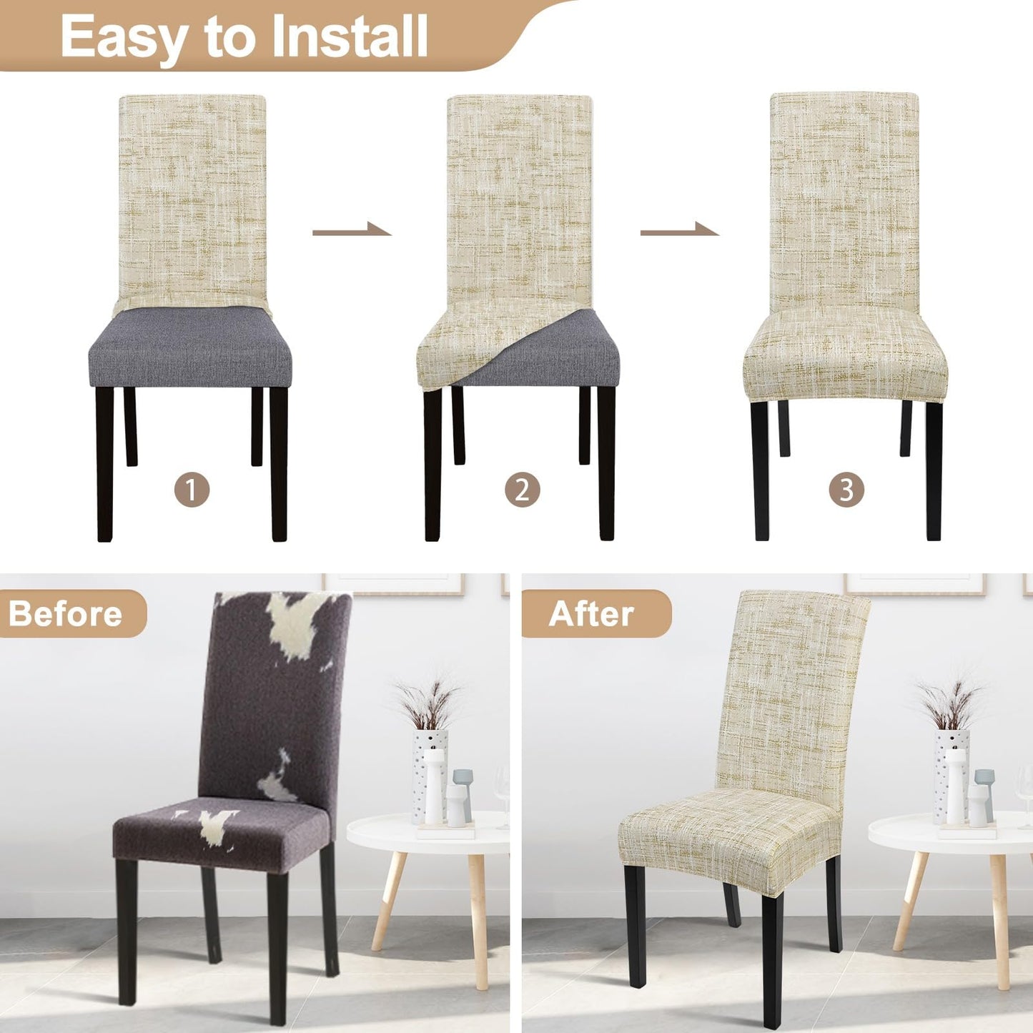 SearchI Dining Room Chair Covers Set of 6, Stretch Printed Parsons Chair Slipcovers Removable Washable Kitchen Chair Protector Cover for Dining Room, Hotel, Ceremony (Flaxen Print)