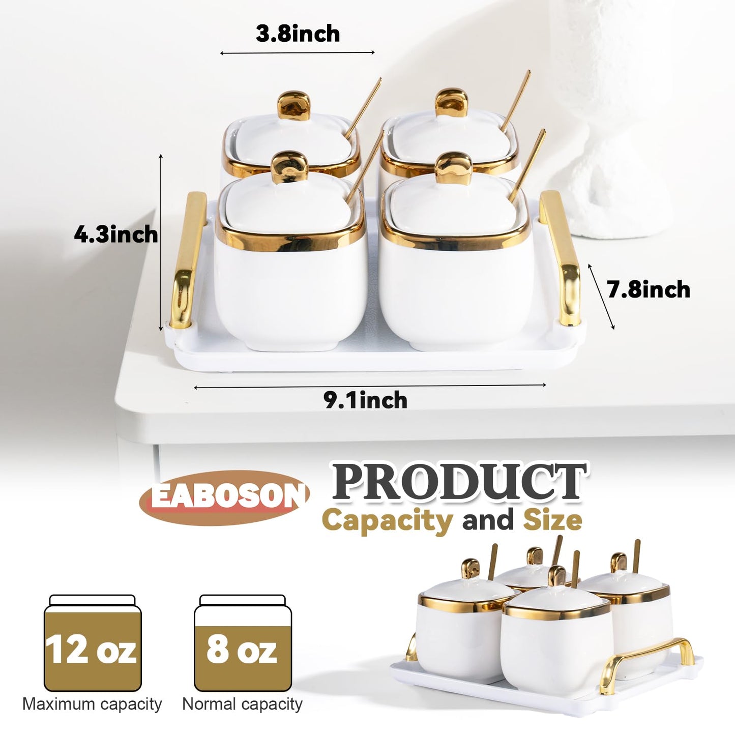 EABOSON 4 Pack Gold Condiment Spice Jars with Lids, Spoons, Tray - Ceramic Seasoning Box Set for Salt, Pepper, Sugar - Kitchen Storage