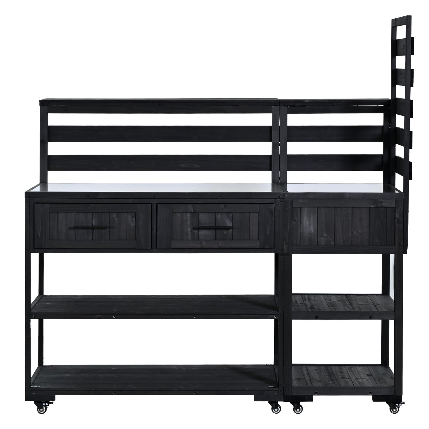 GDFStudio Elshire Patio Kitchen Island Cart with Storage, Wooden Outdoor Storage Cabinet with Stainless Steel BBQ Prep Table Top, Drawers, Raised Shelf and Lockable Wheels, Garden Potting Bench, Black
