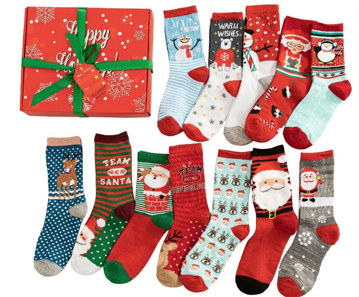 Gilbins 12 Pair, Holiday Gift Christmas Socks, 12 Different Designs, Cheerful Messages For The Holidays, Women Adults Size 9-11