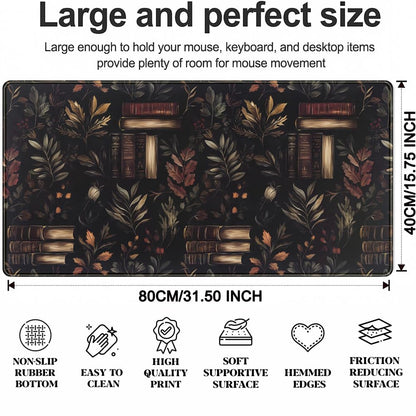 Vintage Plant Desk Mat Gaming Large Mouse Pad, Vintage Books Gothic Desk Pad Bookcase Mouse Mat XXL Laptop Keyboard Pad, Laptop Keyboard Mousepad Aesthetic Accessories for Women 31.5" X 15.7"