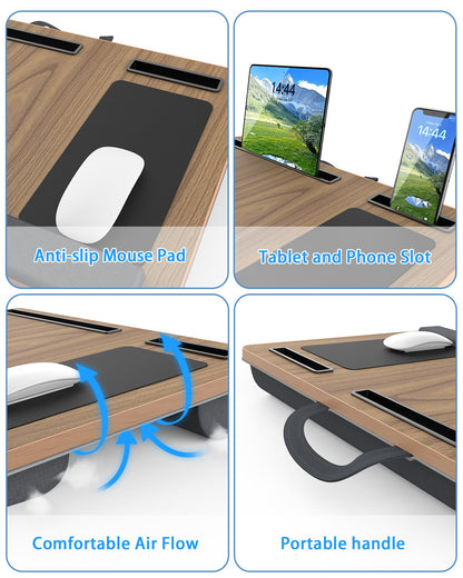 Laptop Lap Desk, Portable Large Laptop Desk for Bed, Up to 17 in Lap Table with Wrist Rest, Mouse Pad, Tablet Phone Slot, Portable Handle, Cushion (Dark Brown Woodgrain)