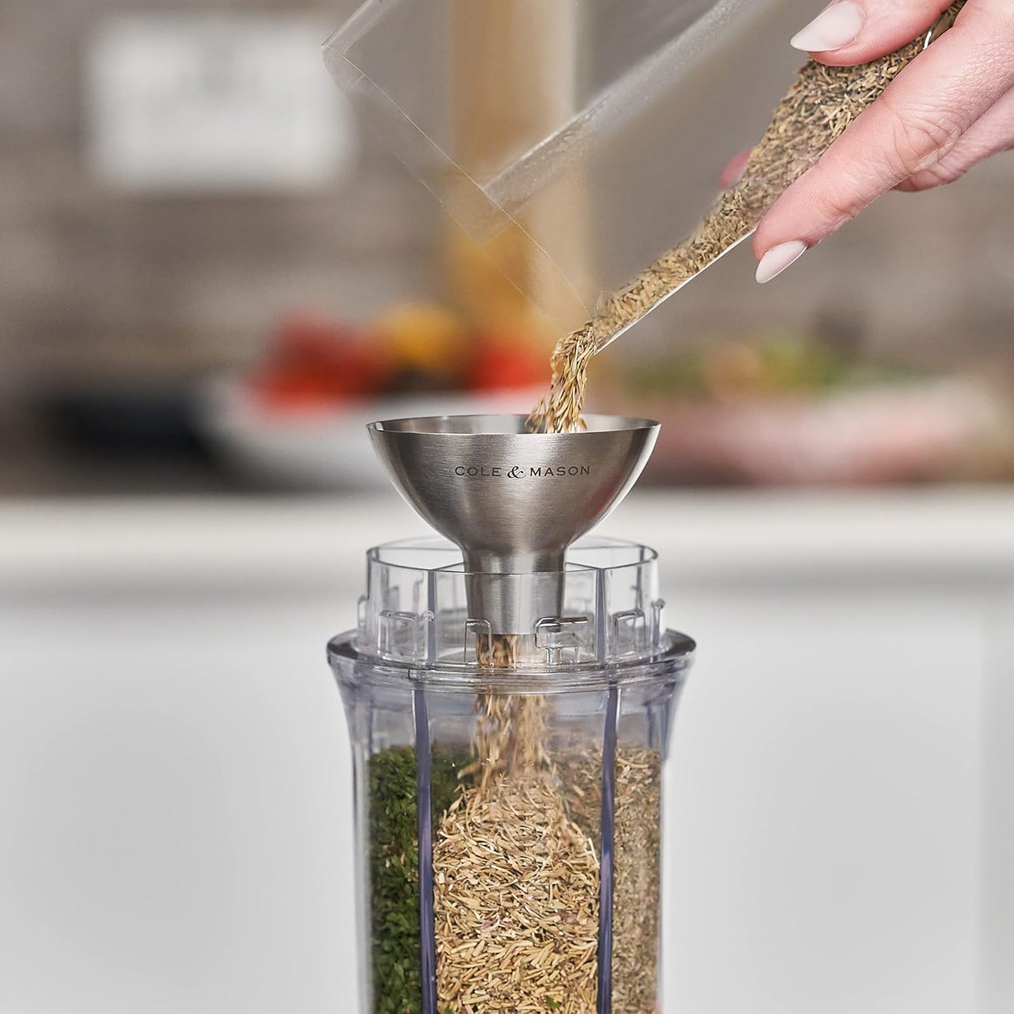 COLE & MASON Stainless Steel Salt and Pepper Funnel - Versatile Small Funnel for Filling Spice Jars and Other Kitchen Essentials - Convenient Funnels for Kitchen Use Filling Bottles - Metal Funnel