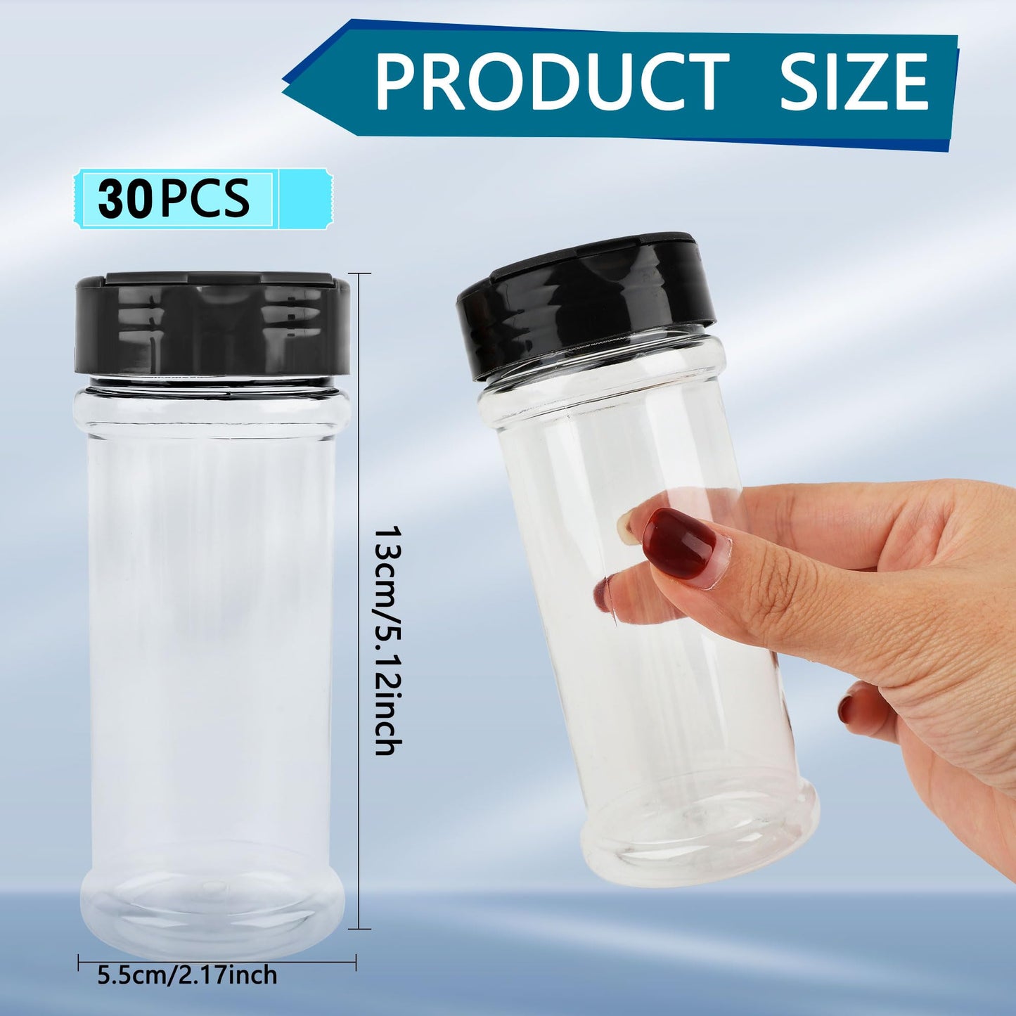 Conagel 30 Pcs 6 oz Plastic Spice Jars with Shaker Lids Clear Spice Bottles with Black Cap Empty Seasoning Containers for Kitchen Storing Seasoning Powders