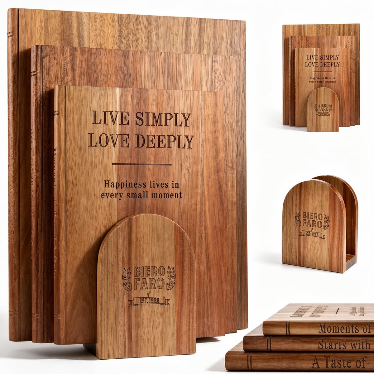 Book cutting board Set of 3, Acacia Wood Chopping Board with Stand, Charcuterie Kitchen Boards with Book‑Style Design for Cheese, Meat and Vegetables