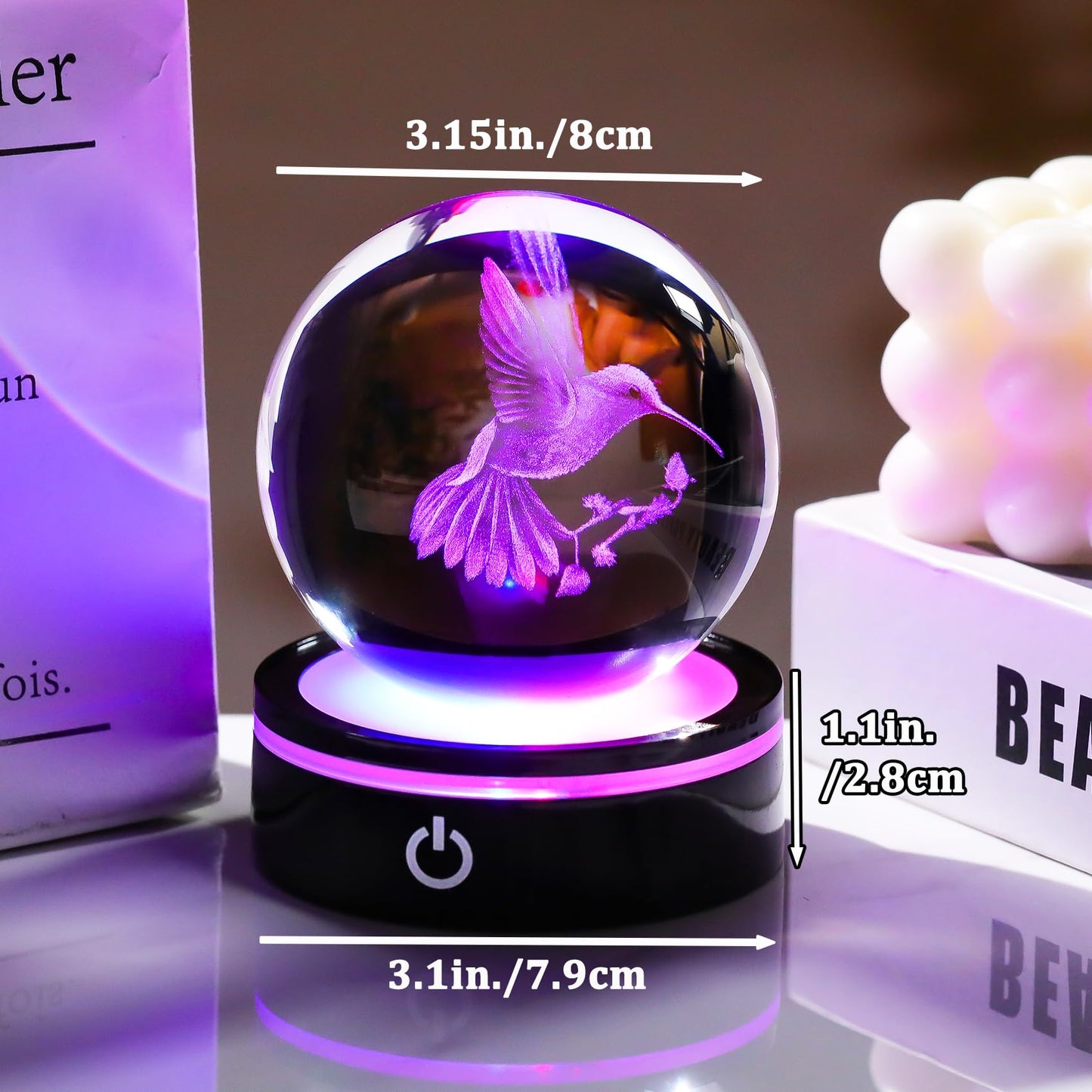 YWHL 3D Crystal Ball Hummingbird Figurine with LED Base, Hummingbird Gifts for Women Men on Christmas Birthday, Hummingbirds Ornament Glass Decorative Ball for Home Decor (80mm)