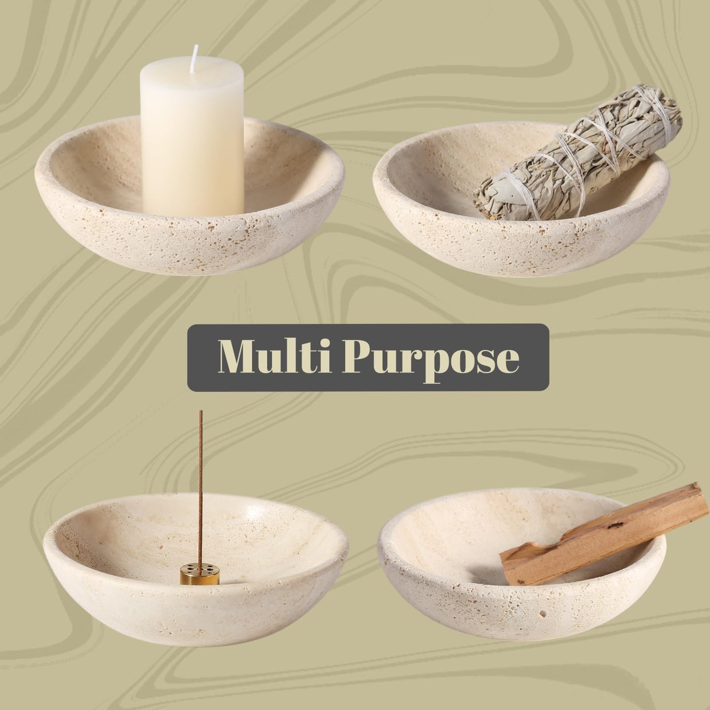 Koville Natural Travertine Incense Holder, Incense Holder for Sticks with 9 Holes, Handmade Incense Burner Ash Catcher for Meditation Yoga SPA, Balsam Fir/Palo Santo/Sage/Cone Incense Holder(Beige)