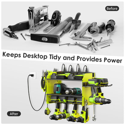 CCCEI Modular Power Tool Organizer Wall Mount Charging Station, Green 6 Drills Holder with 8 Plug Power Strip 10FT, Garage Drill Battery Heavy Duty Metal Shelf, Utility Rack with Hooks, Side Storage.