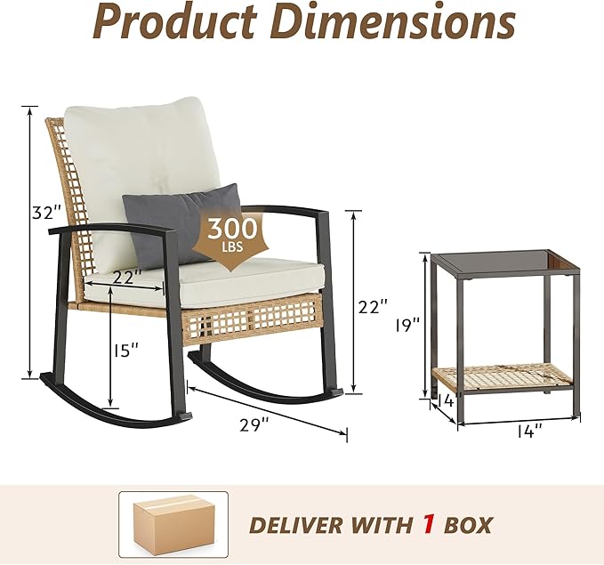 3 Piece Patio Rocking Chairs Set of 2, Outdoor Rocking Chair Bistro Set with Tempered Glass Coffee Table and Thick Lumbar Pillow Set, Front Porch Chairs for Garden, Backyard, Poolside (Beige)