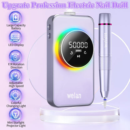Electric Nail Drill Professional, 50000RPM Electric Nail File Portable Nail Drill Kit 6000mAh Rechargeable Machine for Acrylic Gel Nail, Manicure Pedicure Polishing Nail for Salon Home Purple