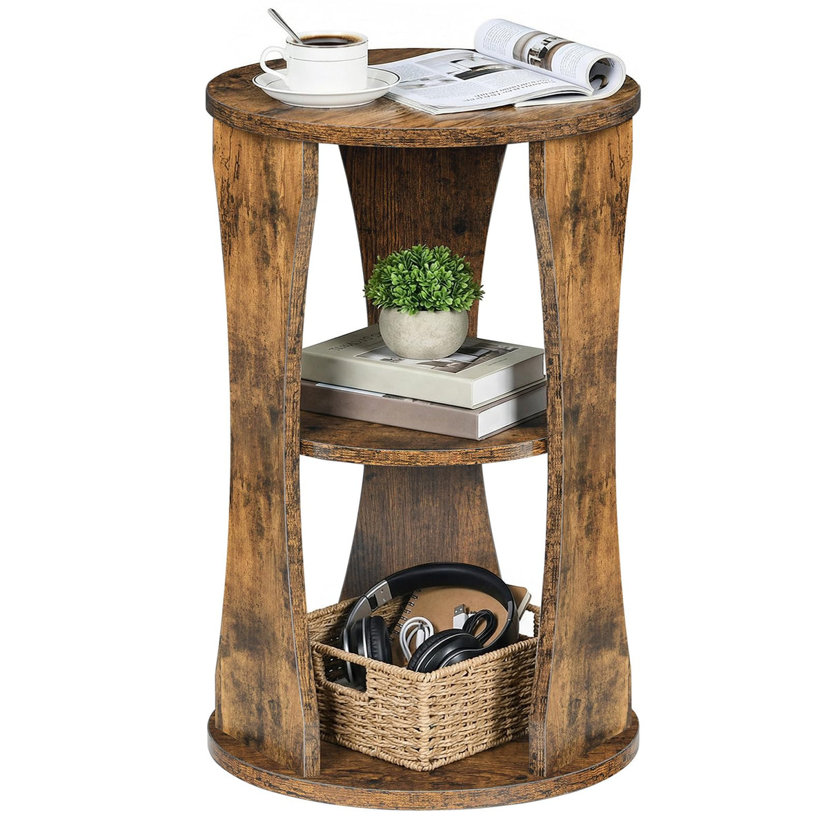 YATINEY Round Side Table, 3-Tier Wooden End Table with Storage Shelves, Drink Table for Small Spaces, Martini Table for Living Room, Bedroom, Rustic Brown ET15WL