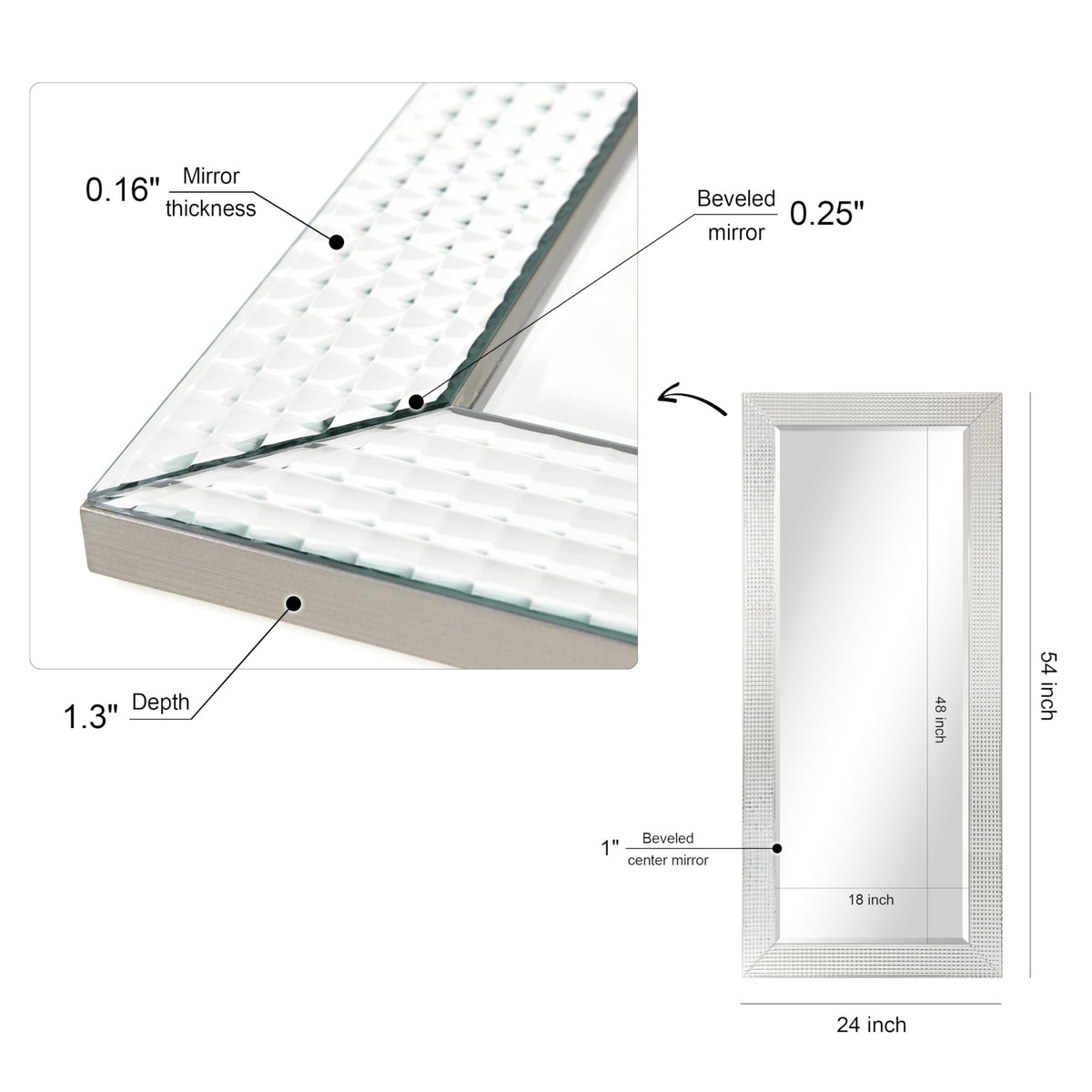 Empire Art Direct 54" x 24" Beveled Wall Mirror, Full Length, Wall-Mounted Mirrors with Solid Wood Frame Covered Prism Panels, Modern Mirror for Bathroom, Vanity, Bedroom, Hallway, Living Room