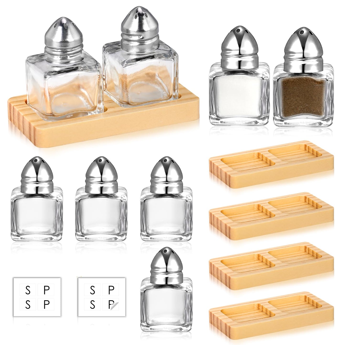 8 Pcs Mini Salt and Pepper Shakers Set with 4 Wood Organizer Sticker 0.5 oz Small Glass Salt and Pepper Shakers Bulk Tiny Individual Salt and Pepper Shakers for Saleros y Pimenteros Para Restaurante