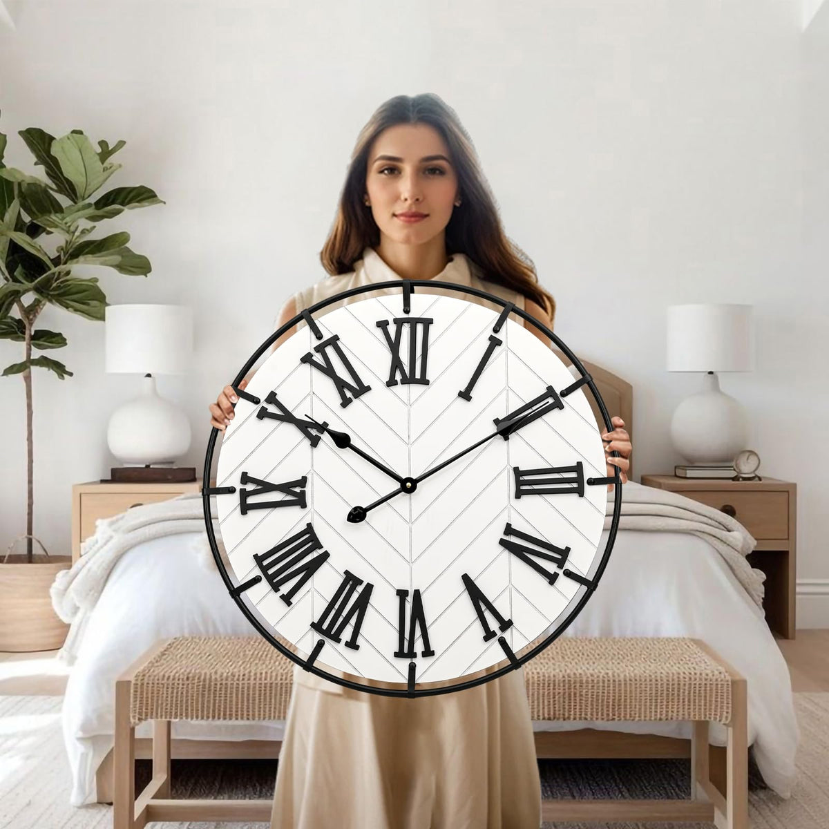 EMAX HOME 24 Inch Large Wooden Wall Clock – Extra Large Farmhouse Wall Clock with 3D Roman Numerals, Modern White Round Wood & Metal Clock for Living Room, Silent & Accurate Timekeeping