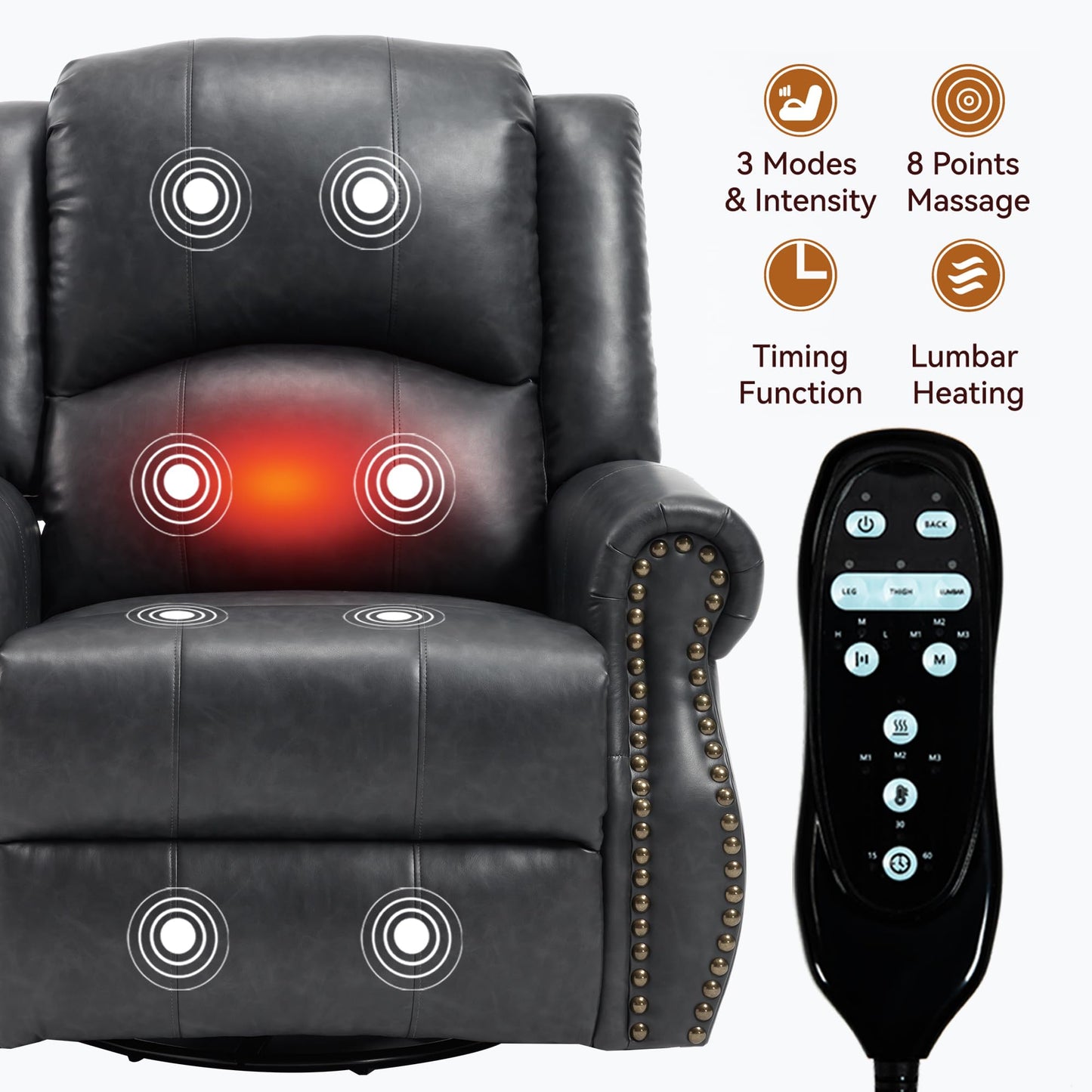 KEIKI Faux Leather Heat Massage Manual Recliner Chair with Square Arms and Cushion Back, for Elderly, Modern Style Oversized Swivel Reclining Sofa Chairs, Easy Assembly, for Living Room, Grey